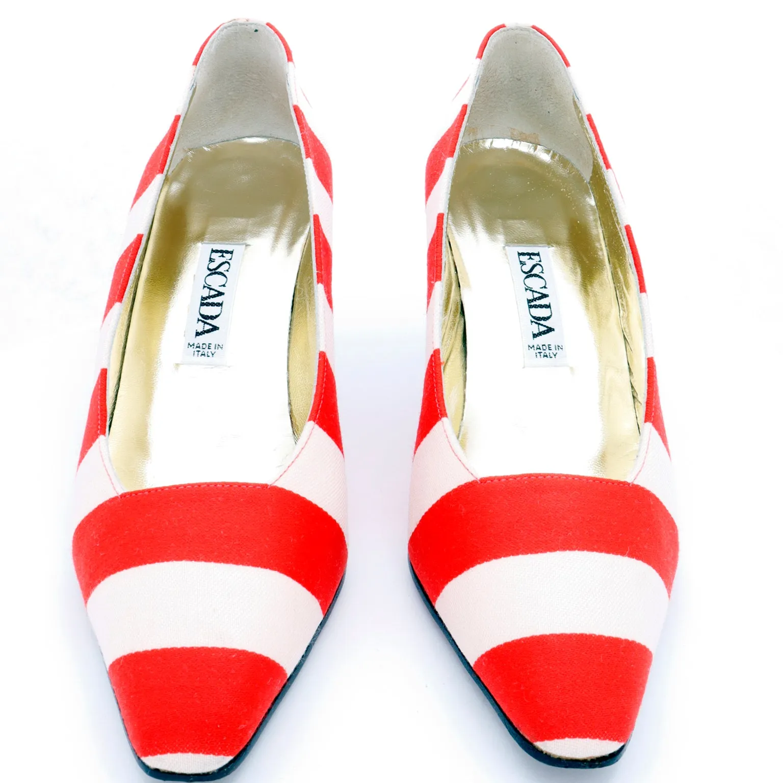 1980s Escada Vintage Red & White Striped Shoes w Black Heels