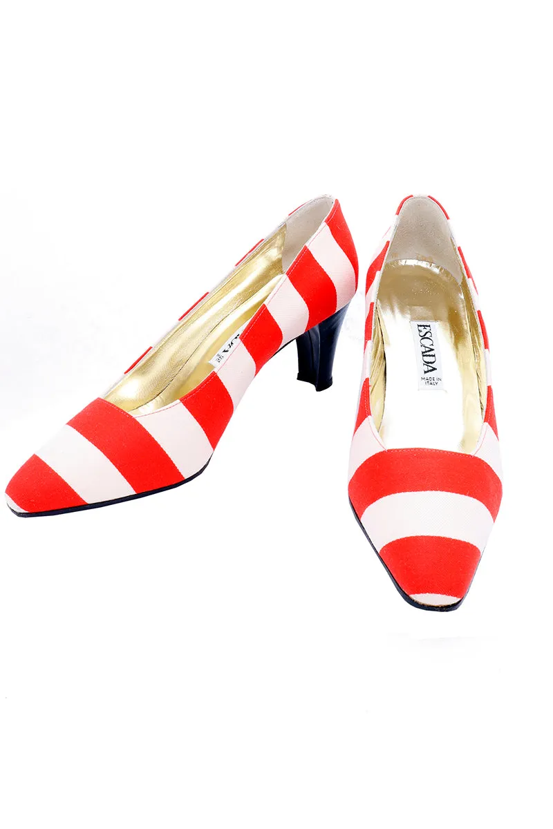 1980s Escada Vintage Red & White Striped Shoes w Black Heels