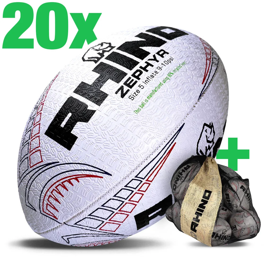 20pc Rhino Zephyr Recycled Training Rugby Ball Bundle with Recycled Bag