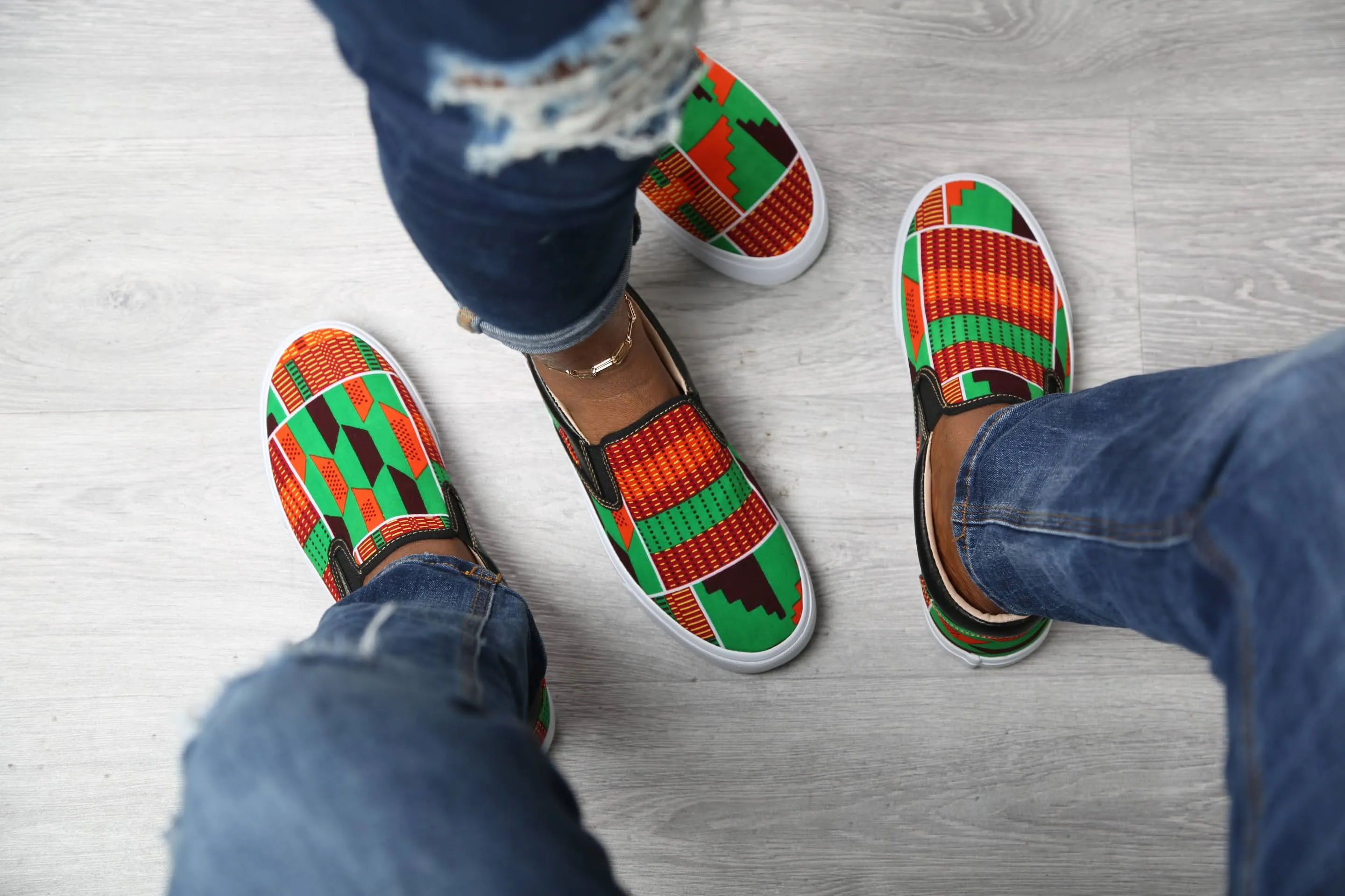 African Print Slip On Sneakers | LAVIYE Green Kente Sneakers - ACCRA