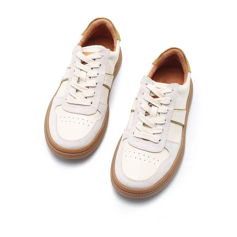 Army Trainer Leather Low-top Sneakers for Women Color Blocking Heel Inlaid Sponge in Beige