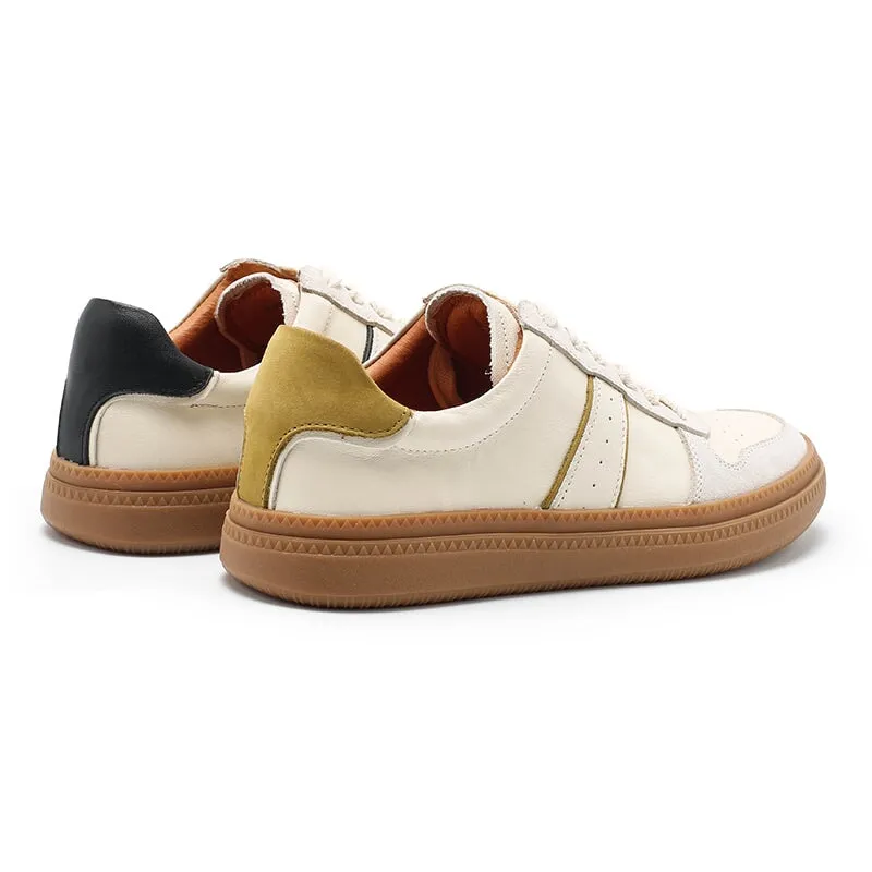 Army Trainer Leather Low-top Sneakers for Women Color Blocking Heel Inlaid Sponge in Beige