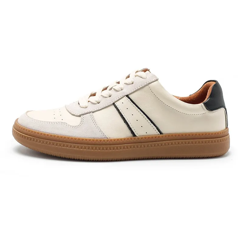 Army Trainer Leather Low-top Sneakers for Women Color Blocking Heel Inlaid Sponge in Beige