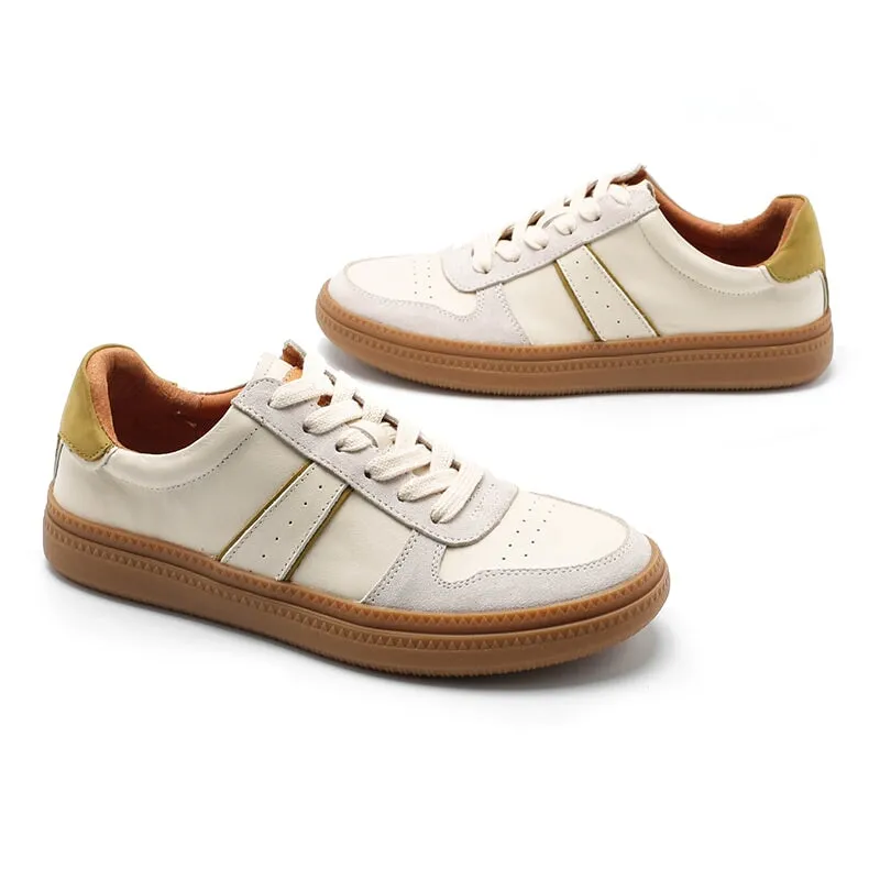 Army Trainer Leather Low-top Sneakers for Women Color Blocking Heel Inlaid Sponge in Beige