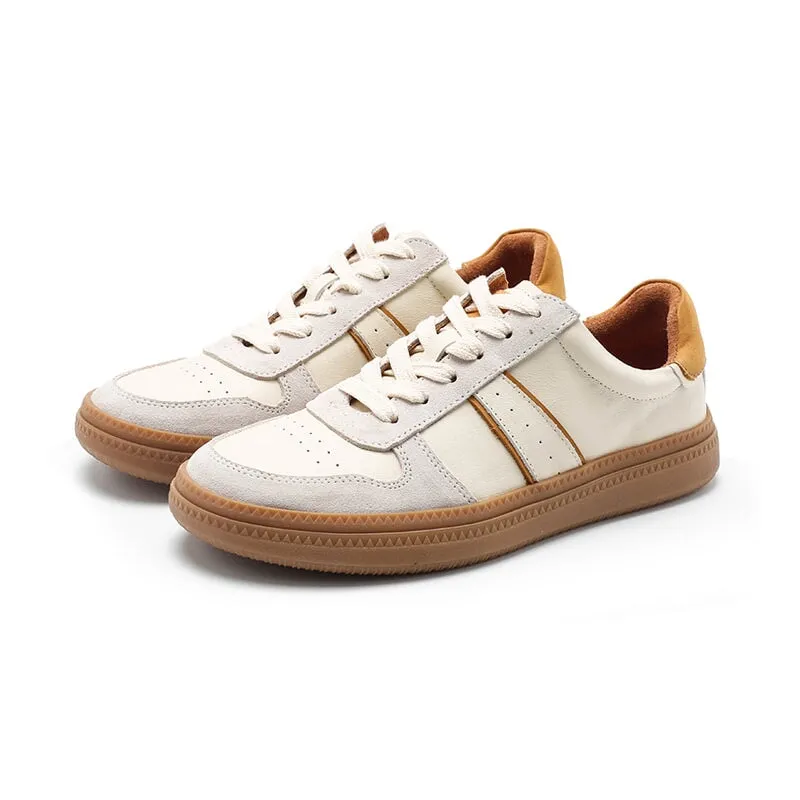 Army Trainer Leather Low-top Sneakers for Women Color Blocking Heel Inlaid Sponge in Beige