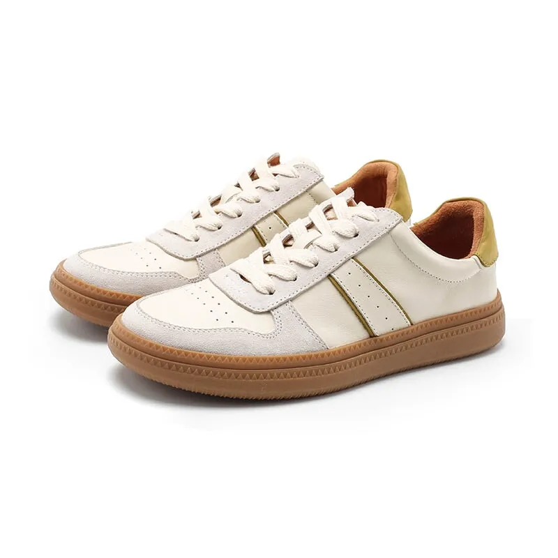 Army Trainer Leather Low-top Sneakers for Women Color Blocking Heel Inlaid Sponge in Beige