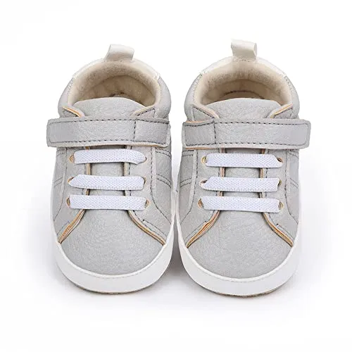 Baby Boys Girls Leather PRE-Walking Sneakers Toddler Anti-Slip Rubber Sole Infant Lightweight First Step Shoes (0301/Grey, Infant, 6 Months, Age Range, US Footwear Size System, 12 Months, Medium)