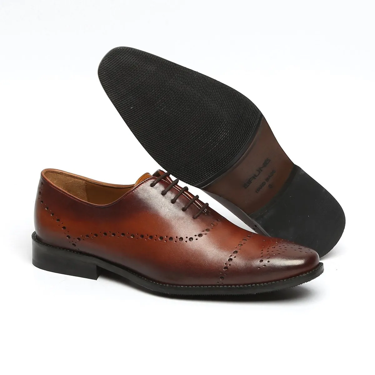 BROWN FULL BROGUE PUNCH LEATHER OXFORD SHOES BY BRUNE & BARESKIN