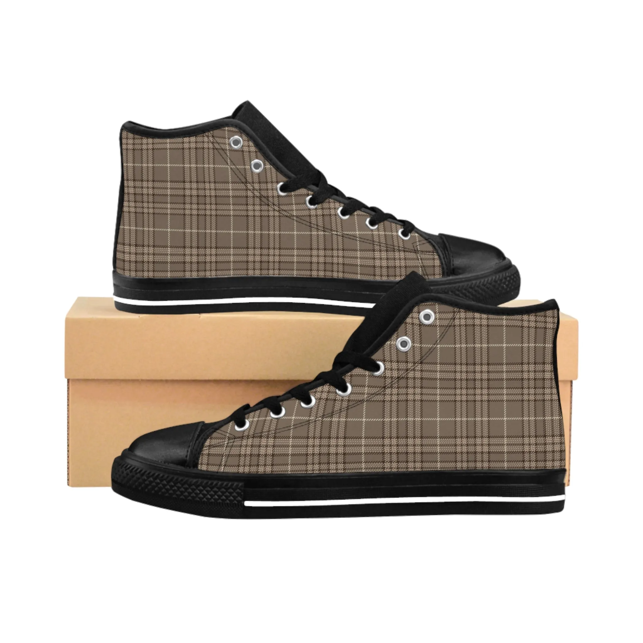 Brown Plaid Pattern Women's Classic Sneakers