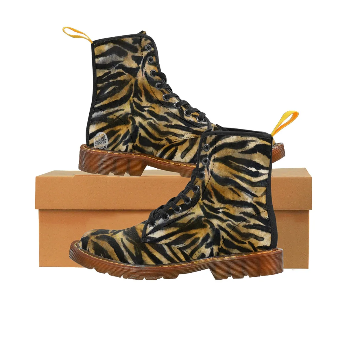 Brown Tiger Striped Men's Boots, Animal Print Lace-Up Winter Hiking Boots For Men