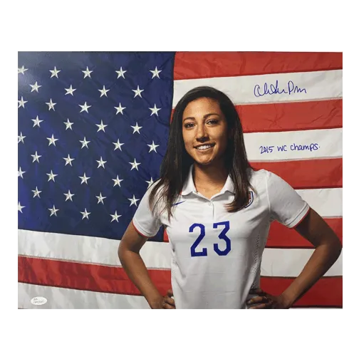 Christen Press Autographed 16 x 20 Flag Pose (JSA) Soccer w/ 2015 Champs Inscription