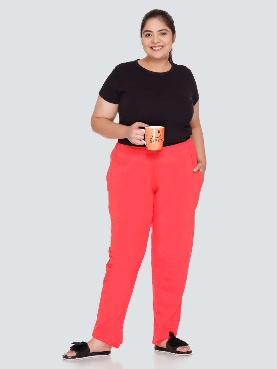 Cotton Track Pants For Women With One Side Zip Pocket - Coral Red