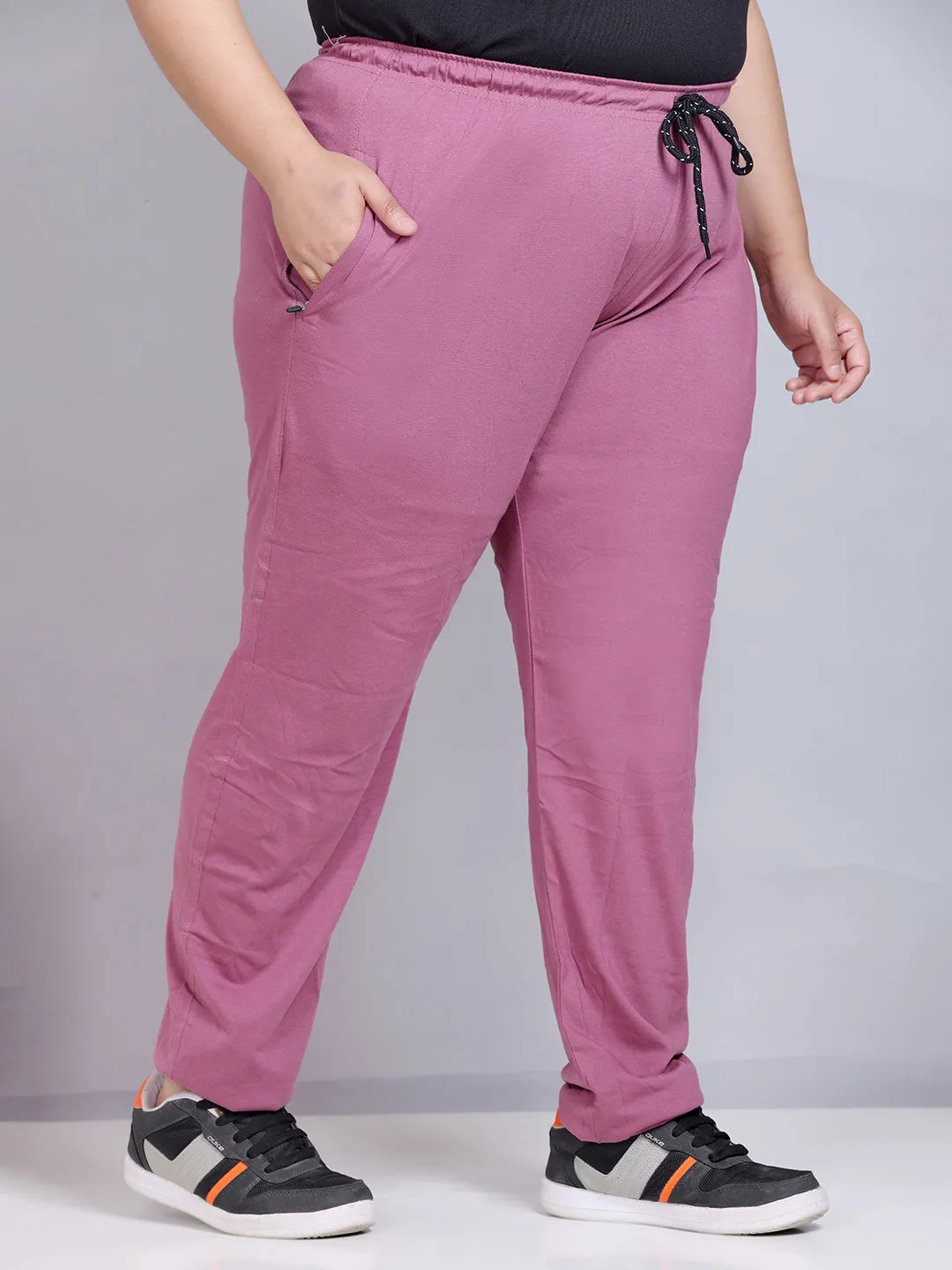 Cotton Track Pants For Women With One Side Zip Pocket- Mauve