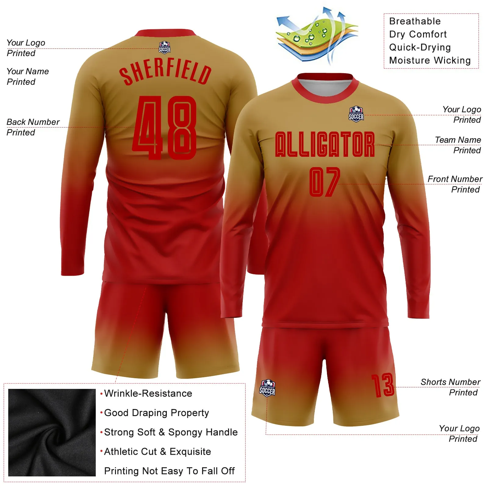 Custom Old Gold Red Sublimation Long Sleeve Fade Fashion Soccer Uniform Jersey