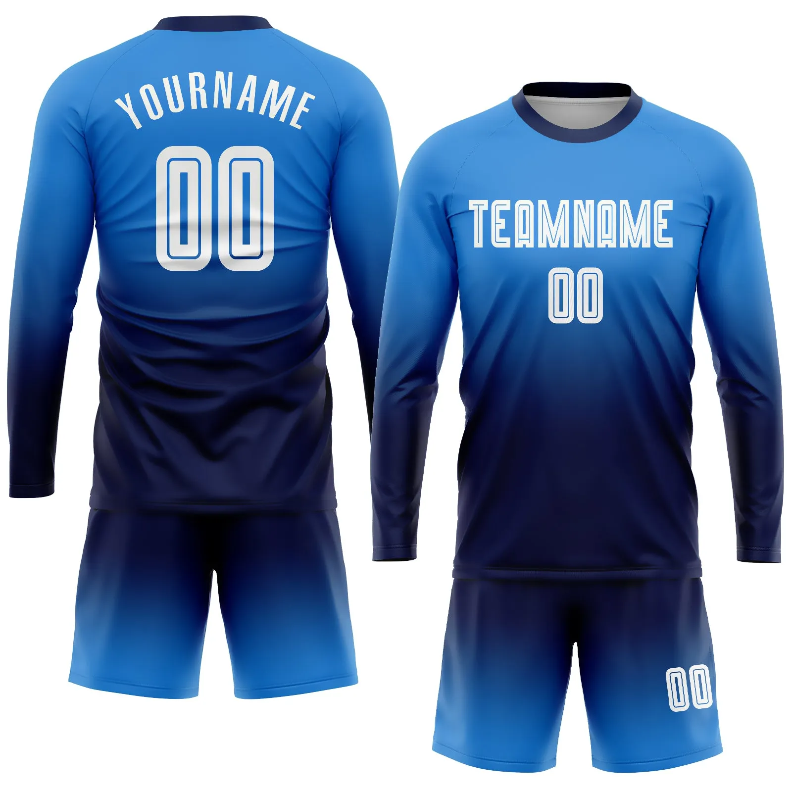 Custom Powder Blue White-Navy Sublimation Long Sleeve Fade Fashion Soccer Uniform Jersey