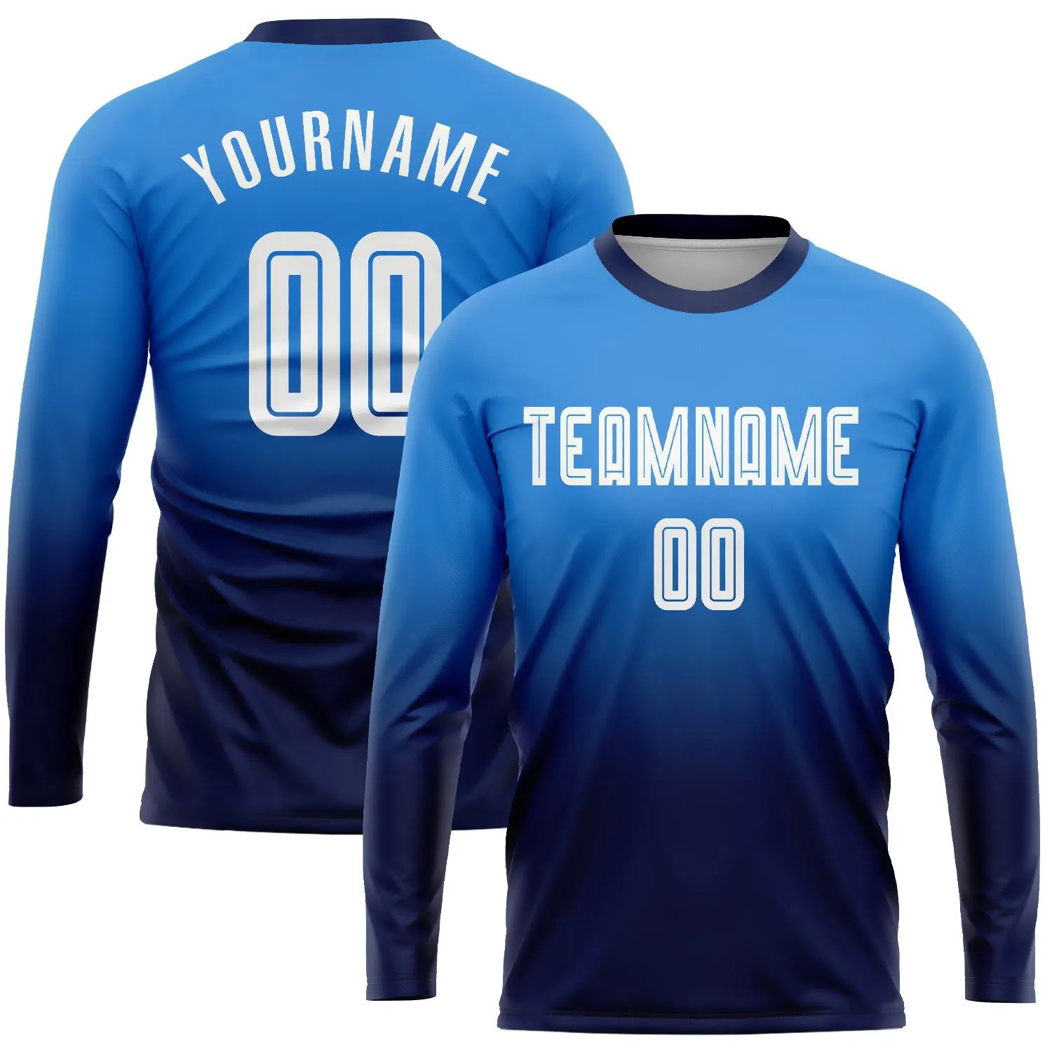 Custom Powder Blue White-Navy Sublimation Long Sleeve Fade Fashion Soccer Uniform Jersey