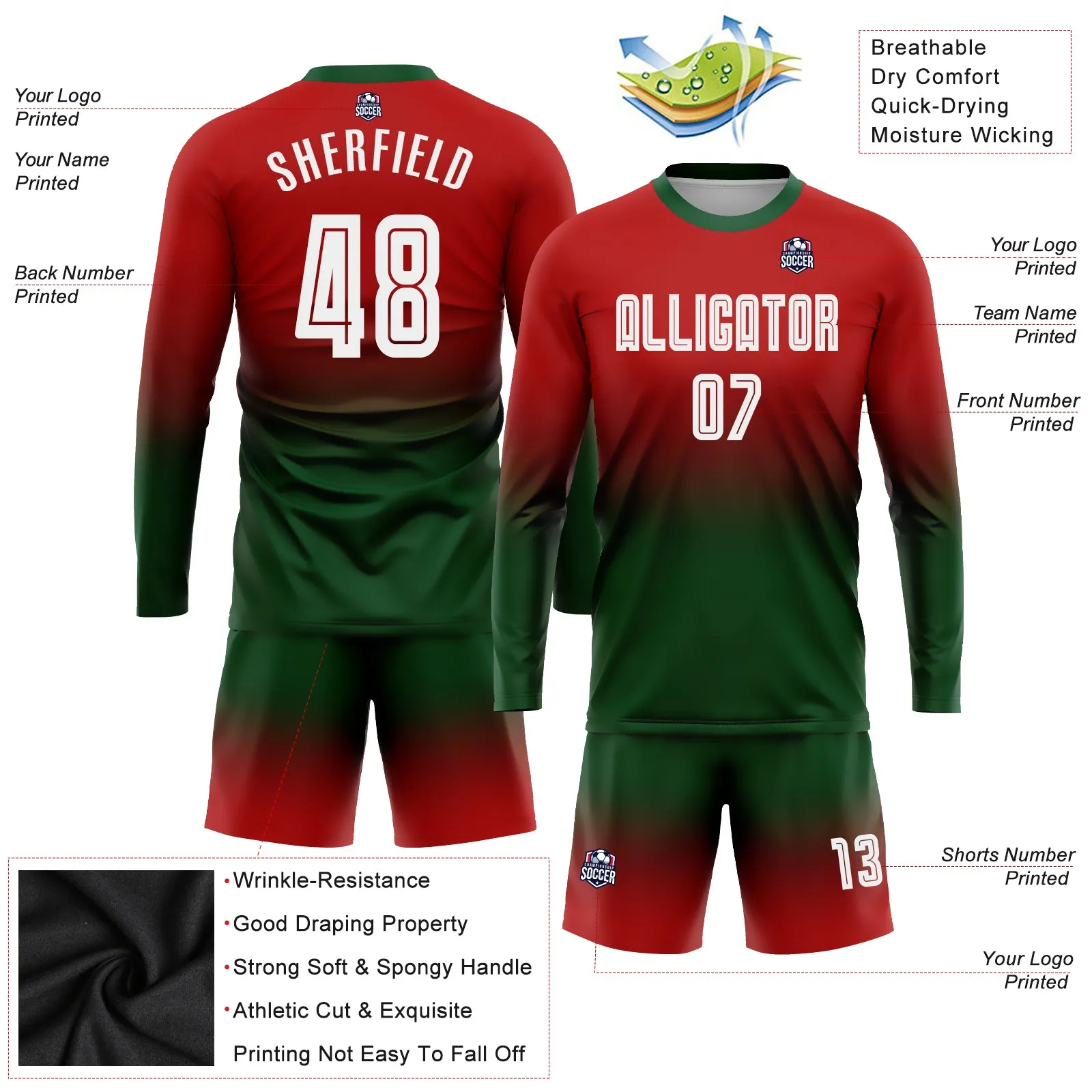 Custom Red White-Green Sublimation Long Sleeve Fade Fashion Soccer Uniform Jersey