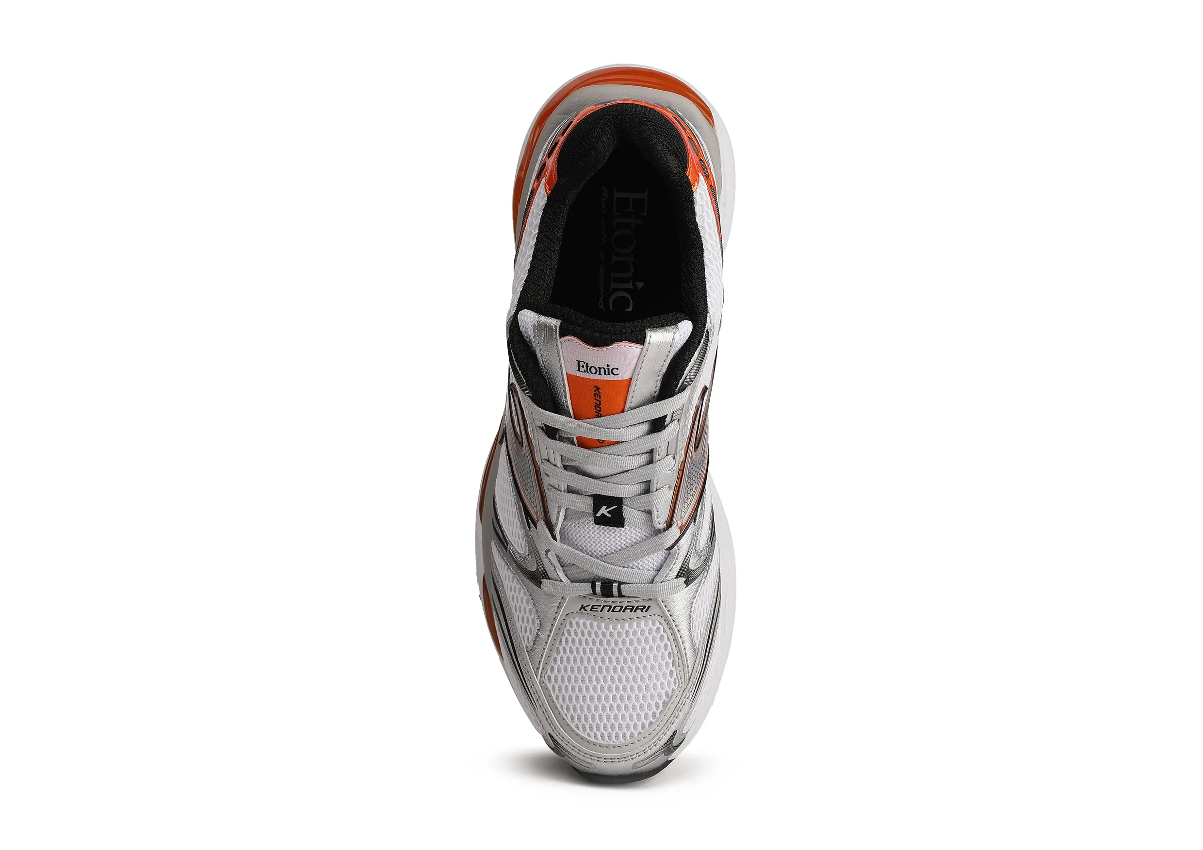 Etonic Kendari 3.0 sneakers in matte silver leather, white mesh and orange inserts and details.