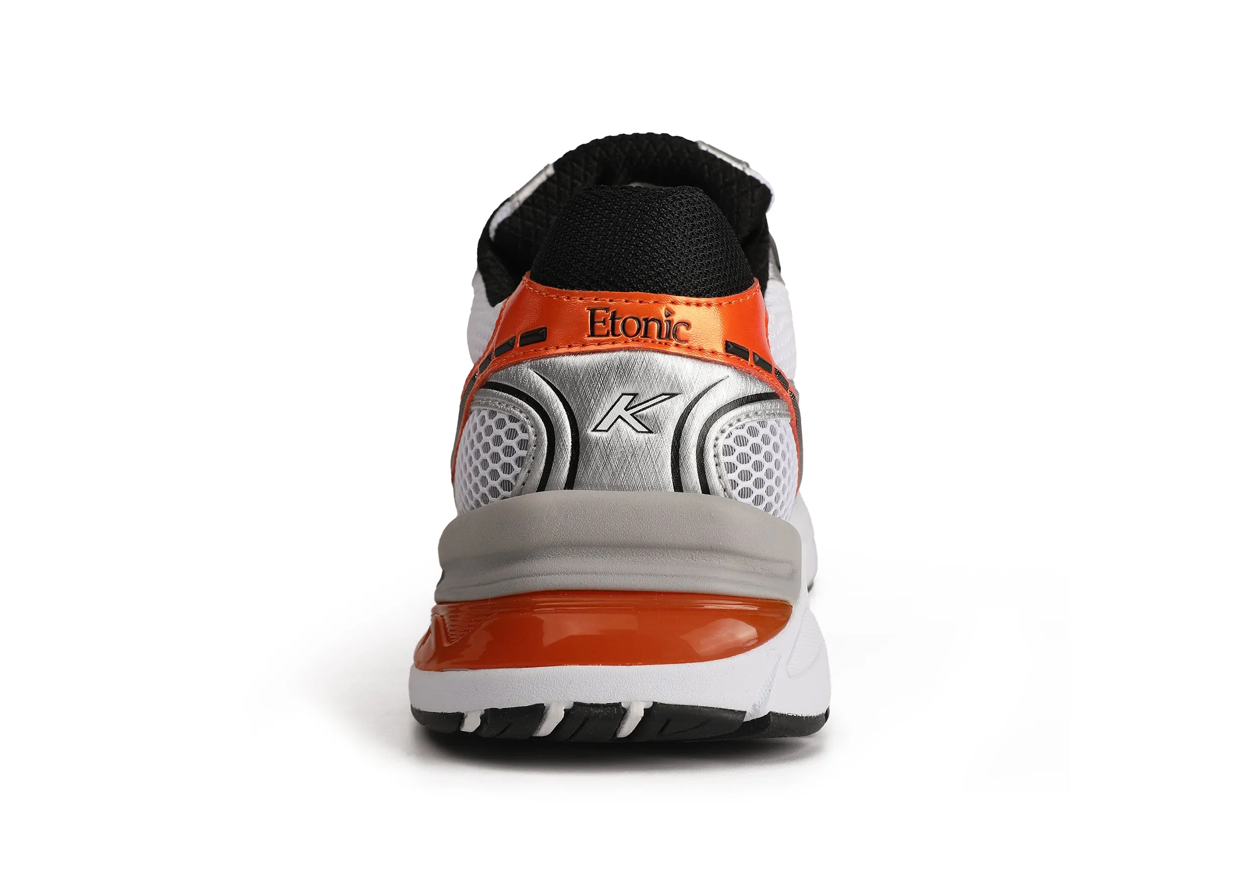 Etonic Kendari 3.0 sneakers in matte silver leather, white mesh and orange inserts and details.