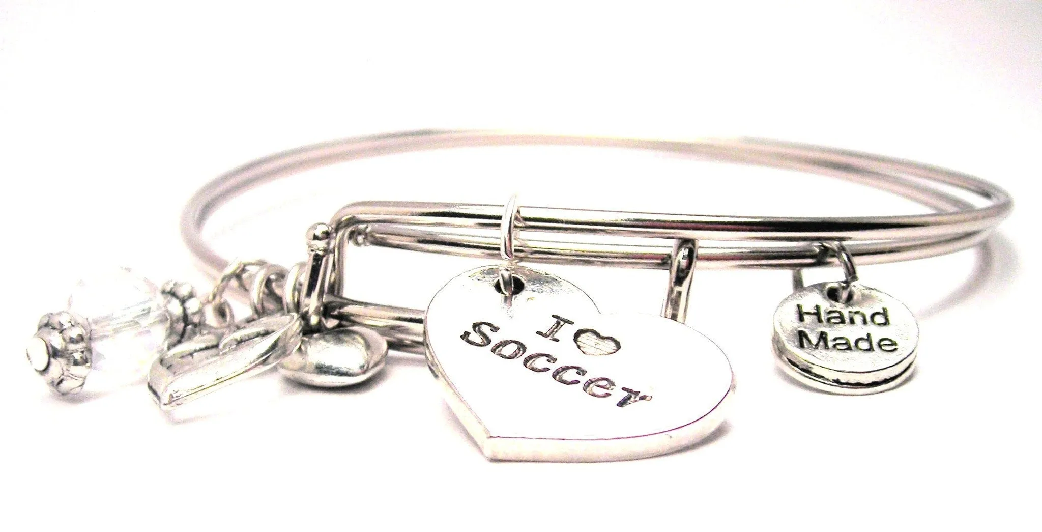 I Love Soccer Heart Expandable Bangle Bracelet Set