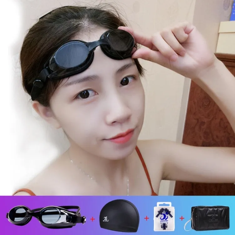 JIEHU JH8102 4 in1 Women HD Transparent Anti-fog Waterproof Swimming Glasses Swimming Cap Set(Black)