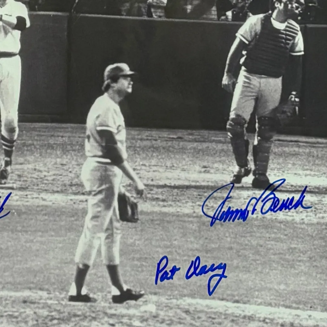 Johnny Bench, Carlton Fisk and Pat Darcy Hand Signed & Framed 16x20 Baseball Photo