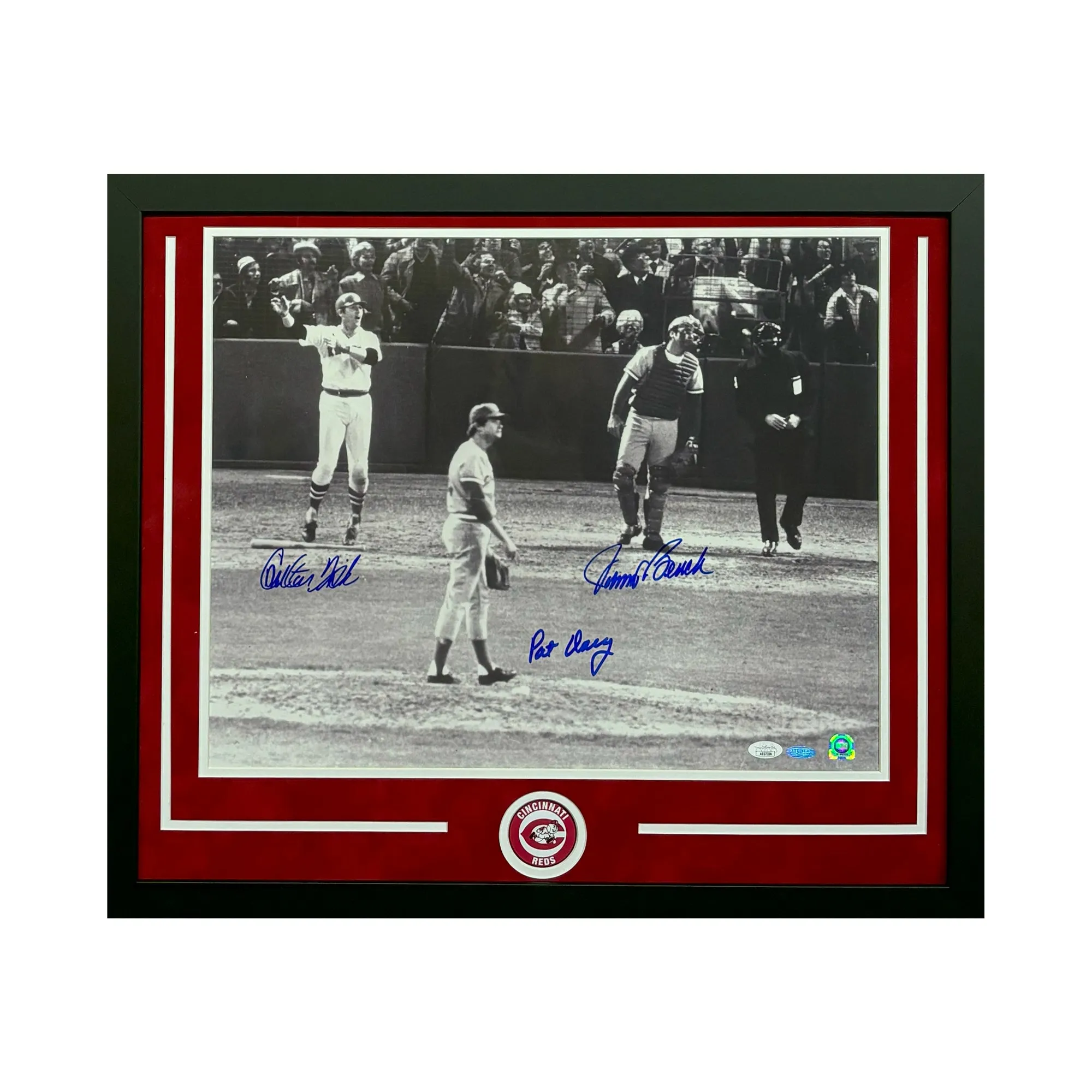 Johnny Bench, Carlton Fisk and Pat Darcy Hand Signed & Framed 16x20 Baseball Photo