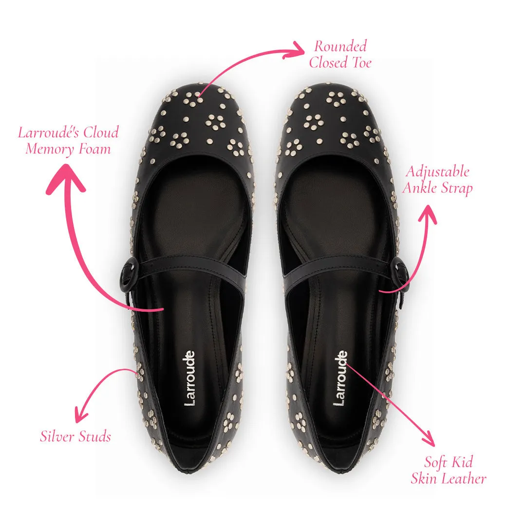 Larroude Blair Ballet Flat In Black Leather and Metallic Studs