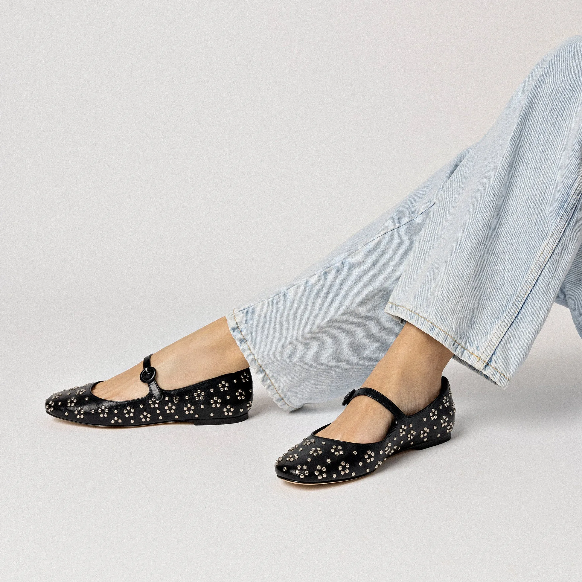 Larroude Blair Ballet Flat In Black Leather and Metallic Studs