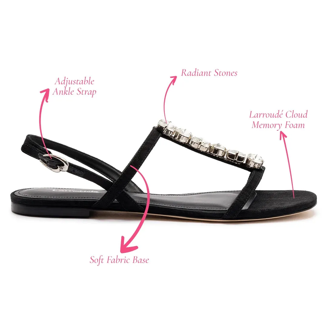 Larroude Calypso Flat Sandal In Black Fabric and Crystals