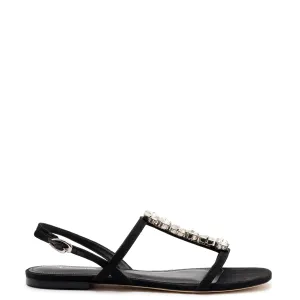 Larroude Calypso Flat Sandal In Black Fabric and Crystals