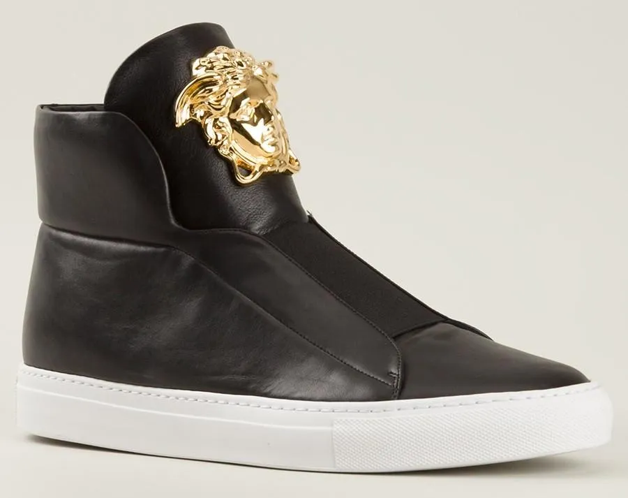 Medusa-Head Laceless Hi-Top Leather Sneakers in Black