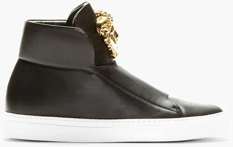 Medusa-Head Laceless Hi-Top Leather Sneakers in Black