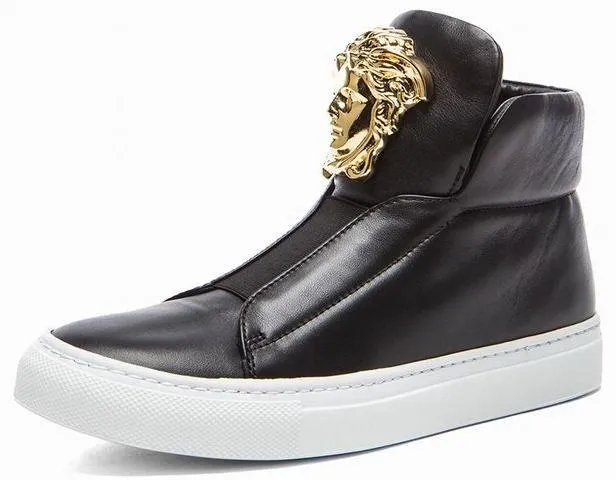 Medusa-Head Laceless Hi-Top Leather Sneakers in Black