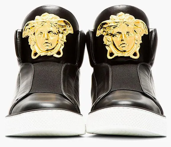 Medusa-Head Laceless Hi-Top Leather Sneakers in Black