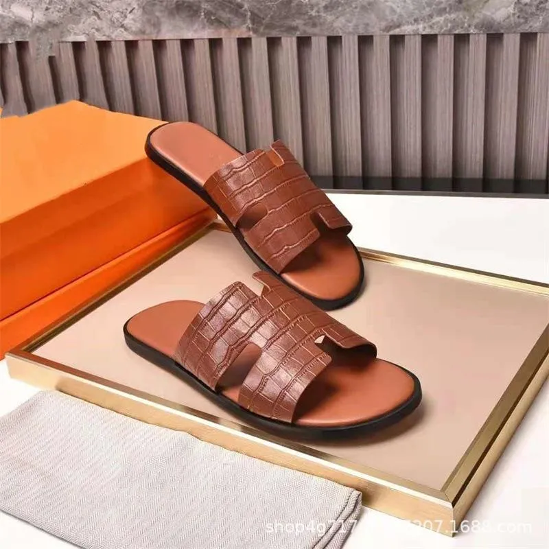 Men's Flat Leather Slippers 76575339YM