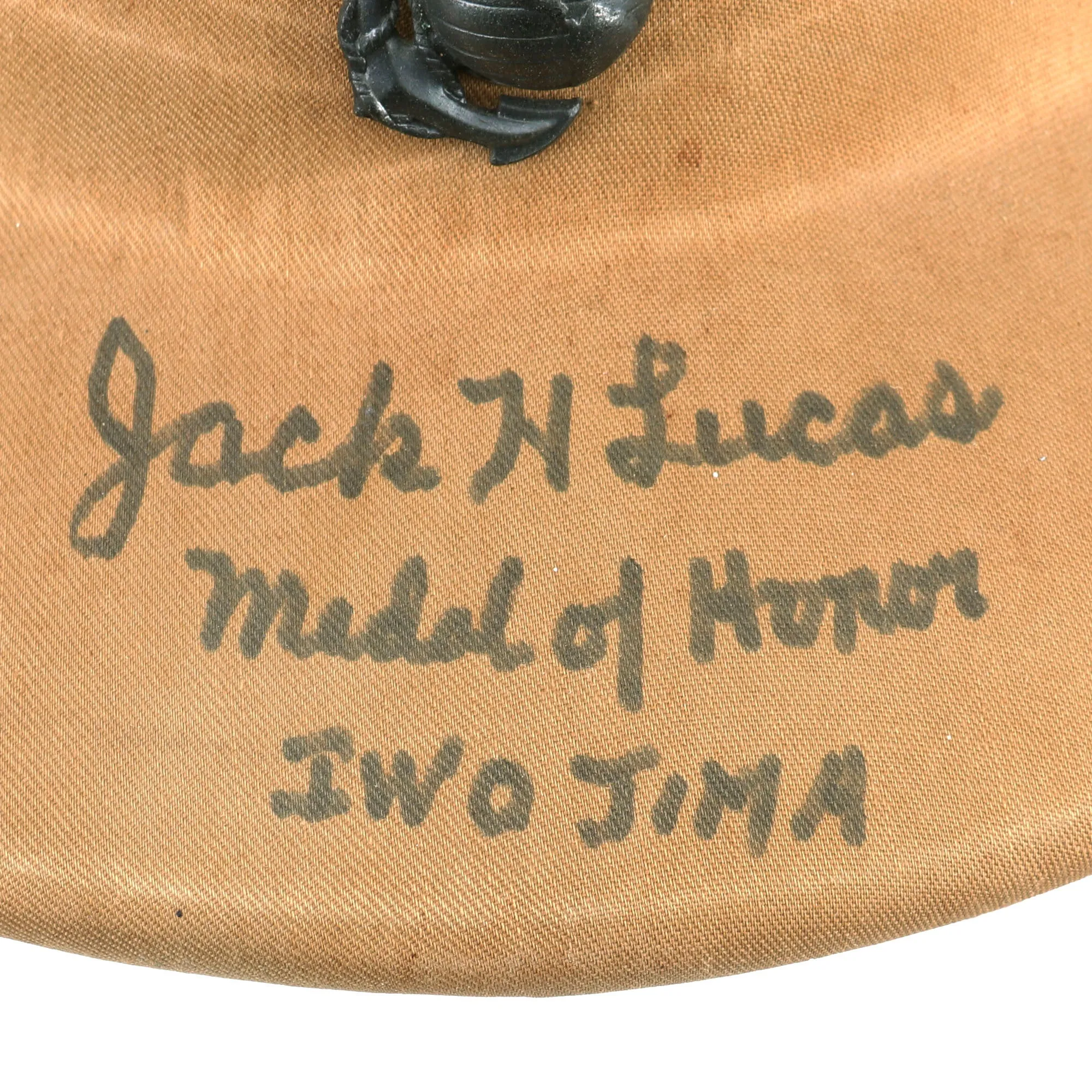 Original U.S. WWII U.S.M.C. Iwo Jima Medal of Honor Recipient Jack H. Lucas Signed Sun Helmet