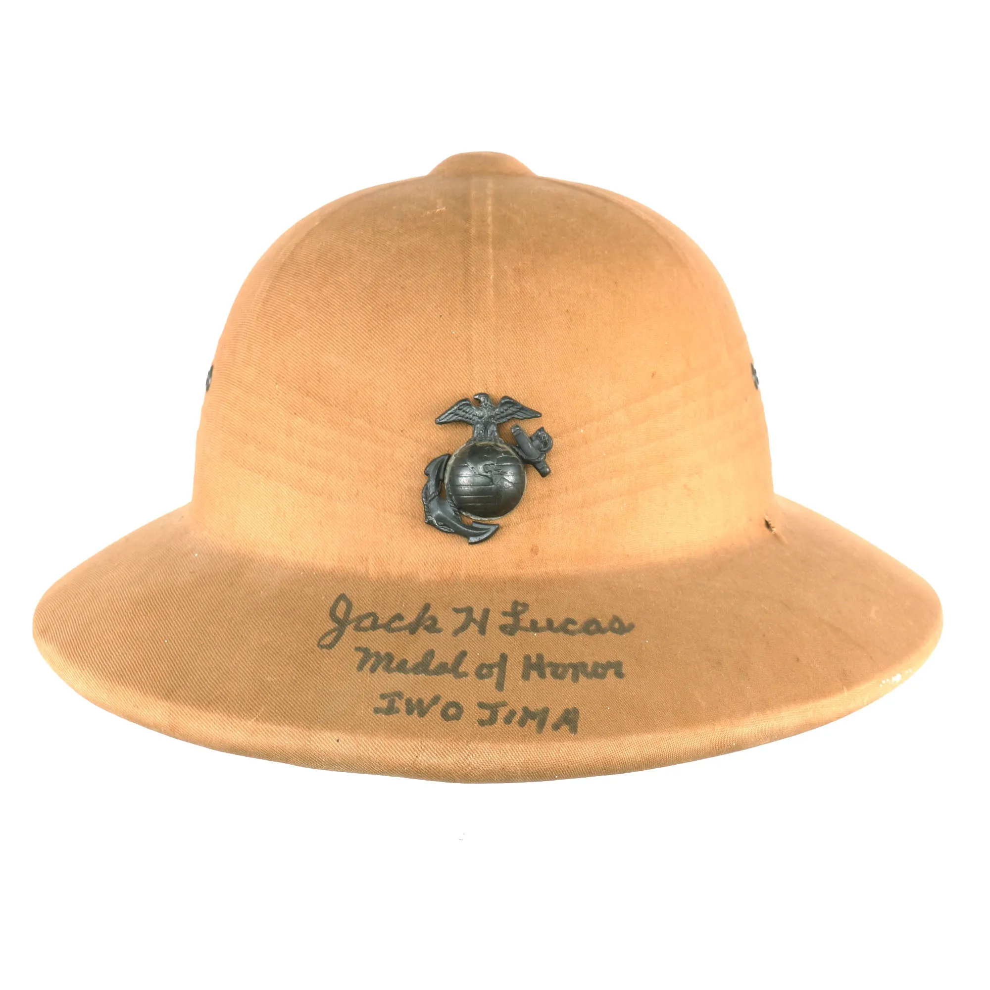 Original U.S. WWII U.S.M.C. Iwo Jima Medal of Honor Recipient Jack H. Lucas Signed Sun Helmet