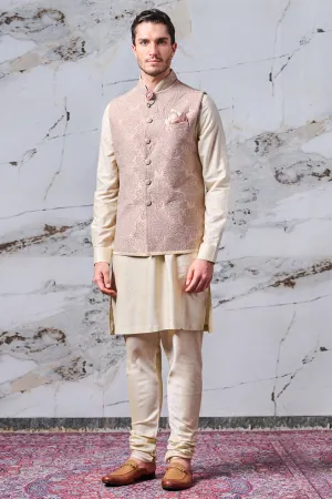 Pink Silk Embroidered Kurta Bundi Set