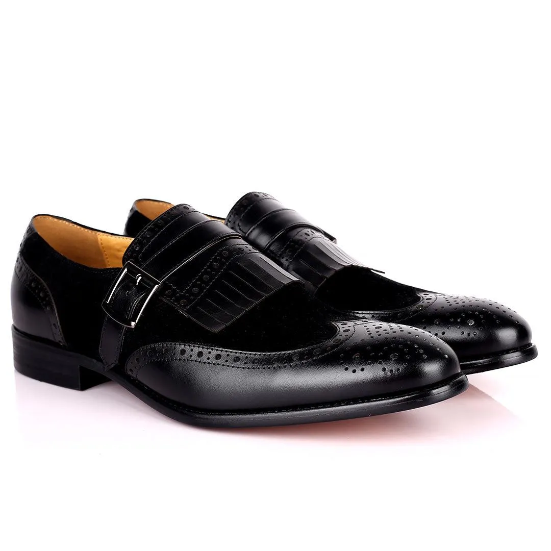 Prad Elegant Fringe Brogue And Suede Designed Leather Shoe - Black