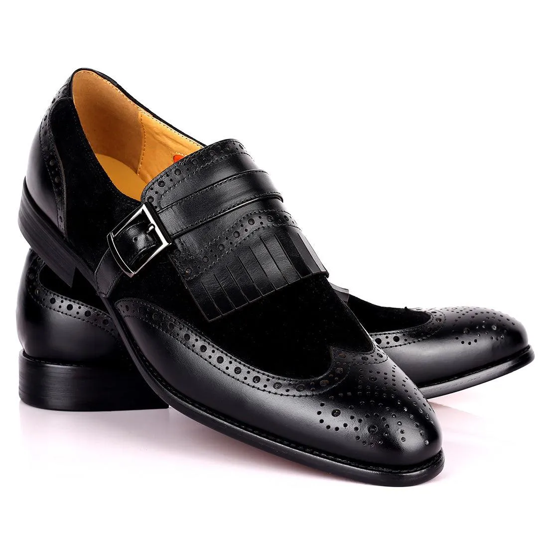 Prad Elegant Fringe Brogue And Suede Designed Leather Shoe - Black