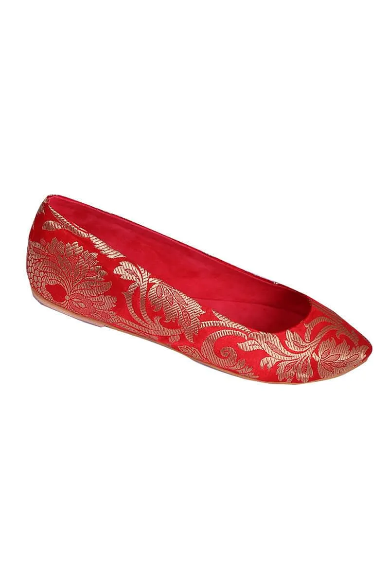 Red Brocade Pointed Toe Ballerina Flats