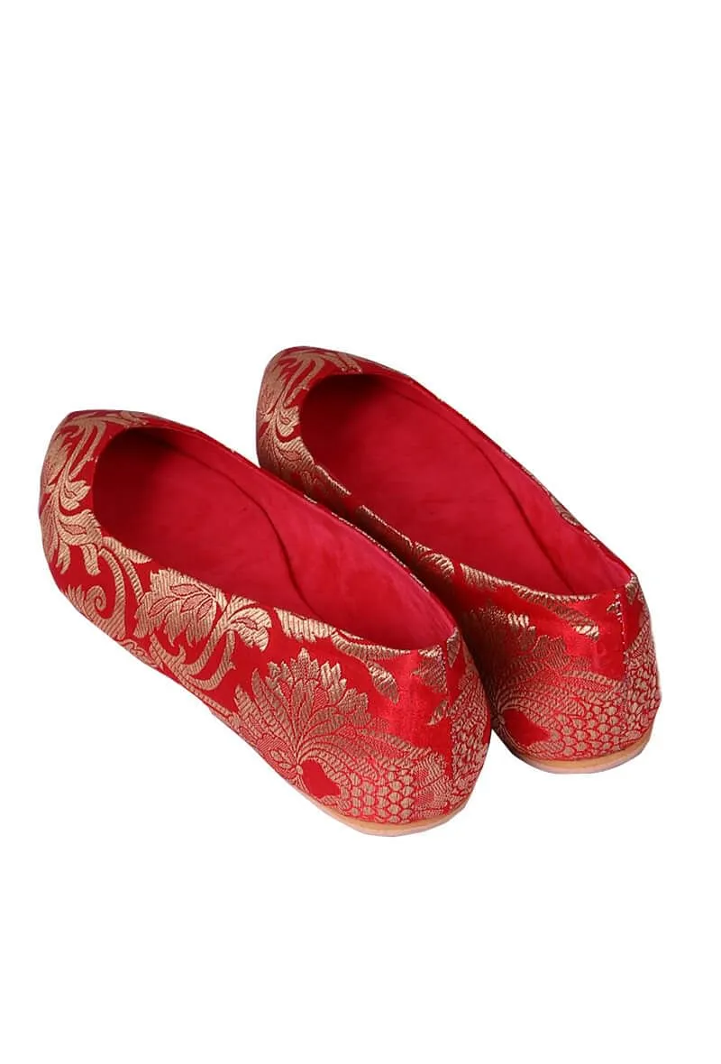 Red Brocade Pointed Toe Ballerina Flats