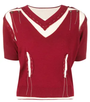 Red V-Neck Deconstructed Knit Top