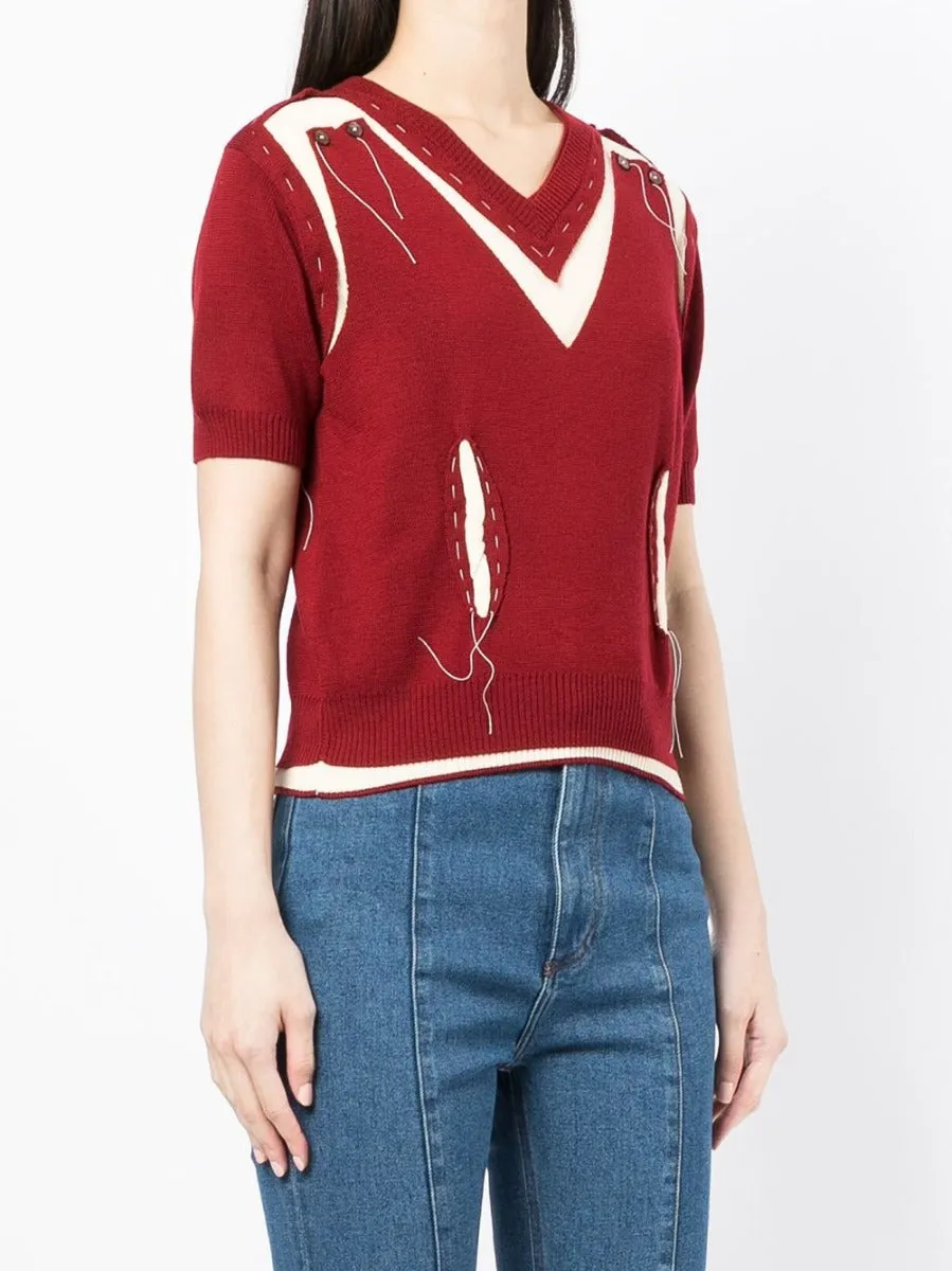 Red V-Neck Deconstructed Knit Top