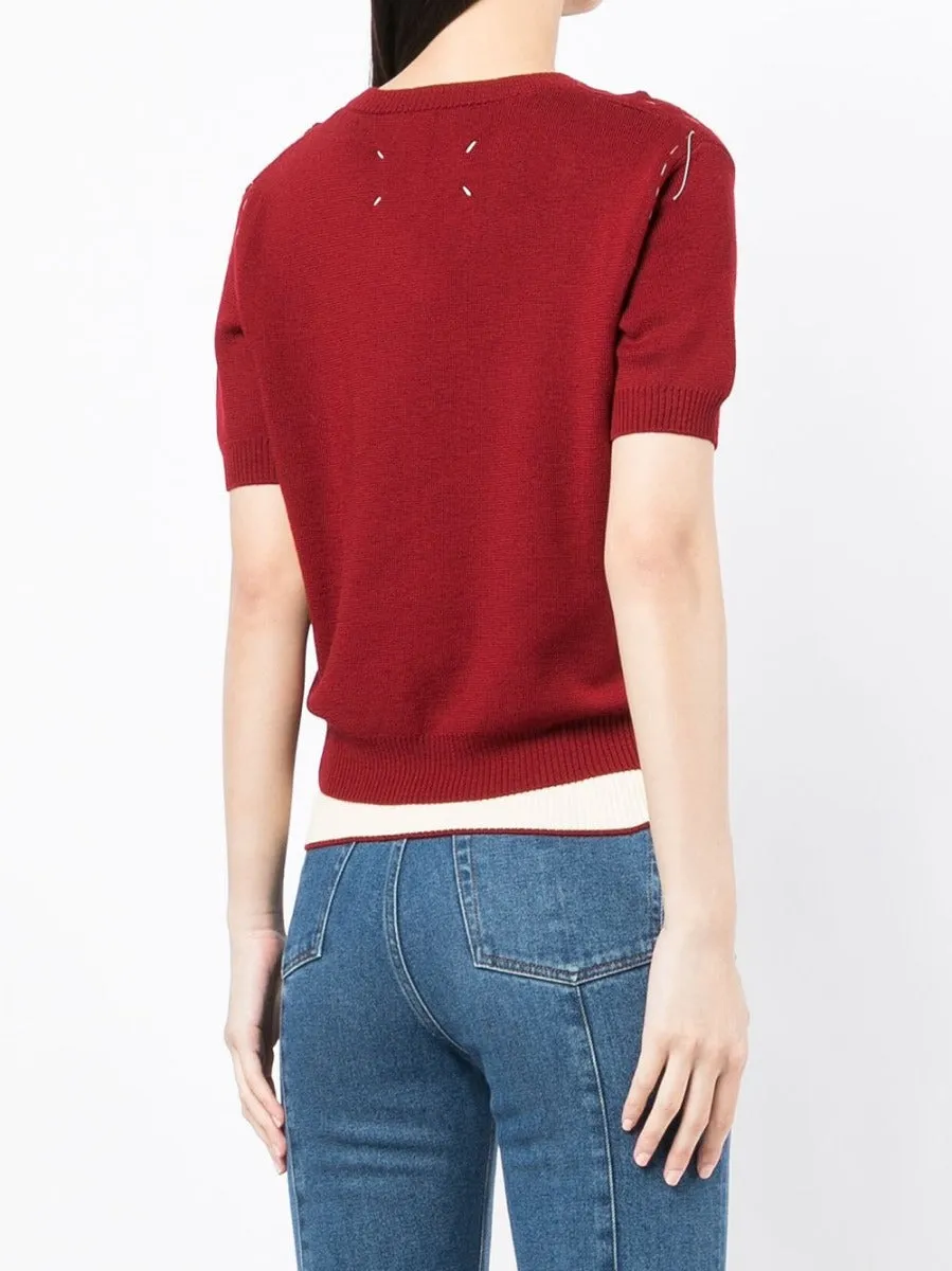 Red V-Neck Deconstructed Knit Top