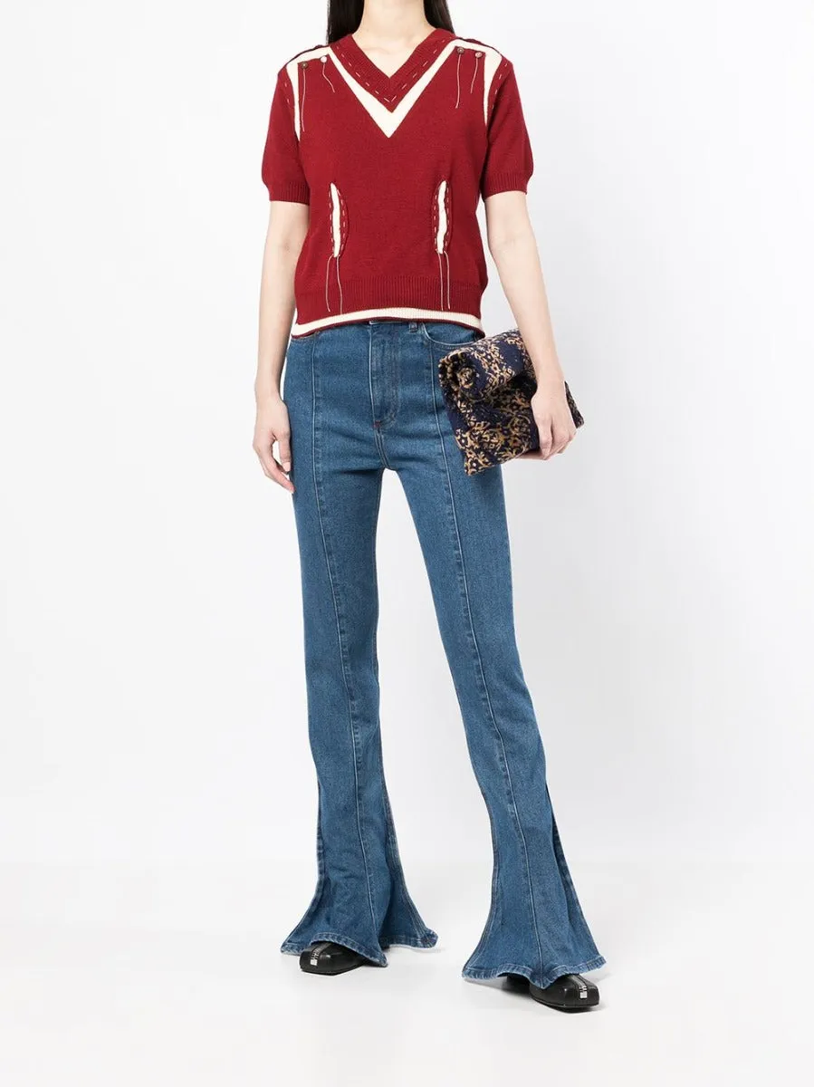 Red V-Neck Deconstructed Knit Top