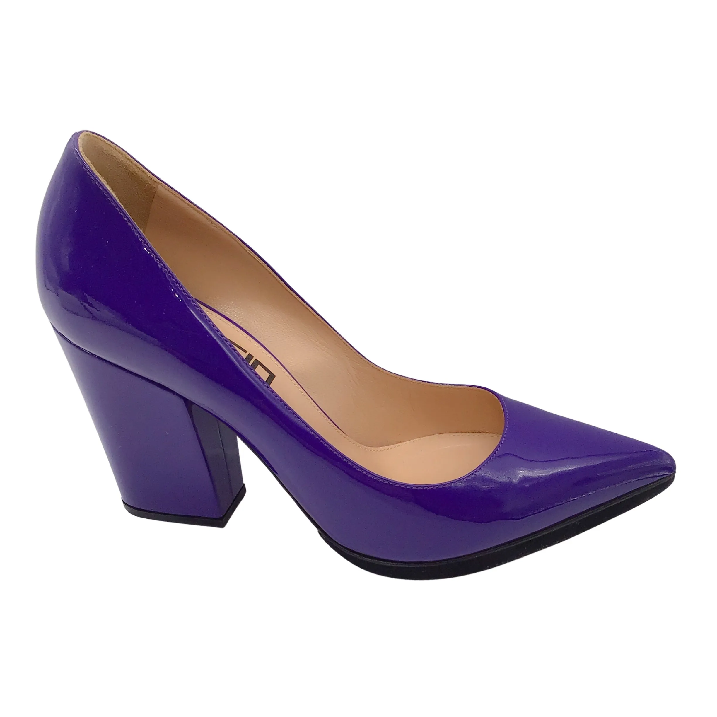 Sergio Rossi Purple Pointed Toe Block Heel Patent Leather Pumps