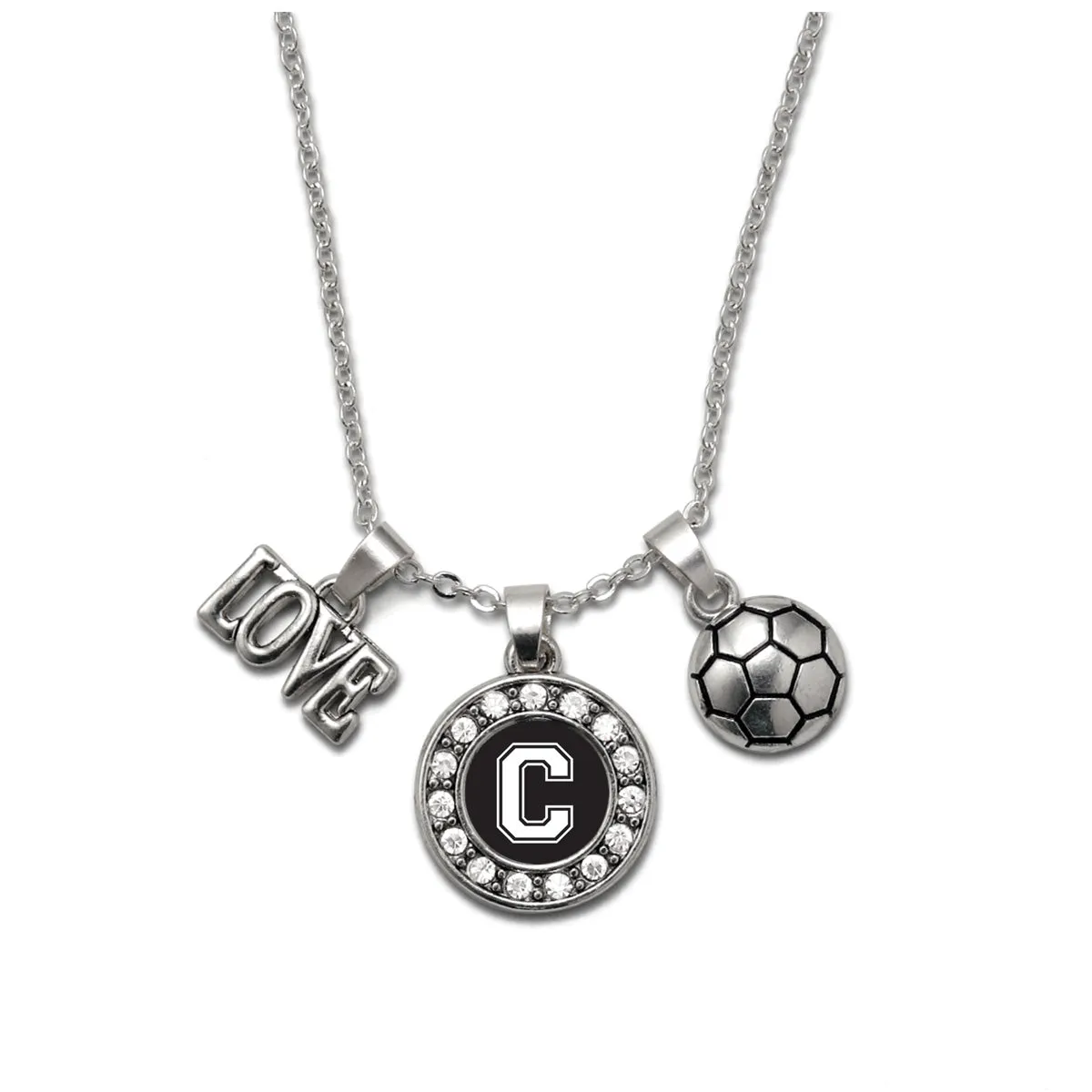 Silver Soccer - Sports Initial C Circle Charm Classic Necklace