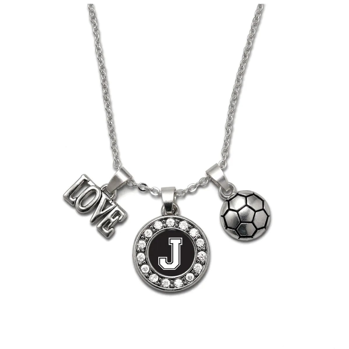 Silver Soccer - Sports Initial J Circle Charm Classic Necklace